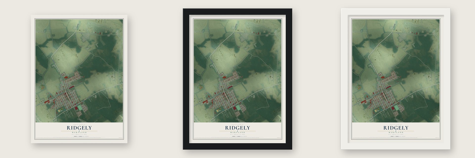 Ridgely, Maryland map unframed, in a black wood frame and in a white wood frame