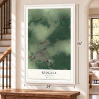 Ridgely, Maryland map, 24 x 36 inch print in a white frame by a staircase