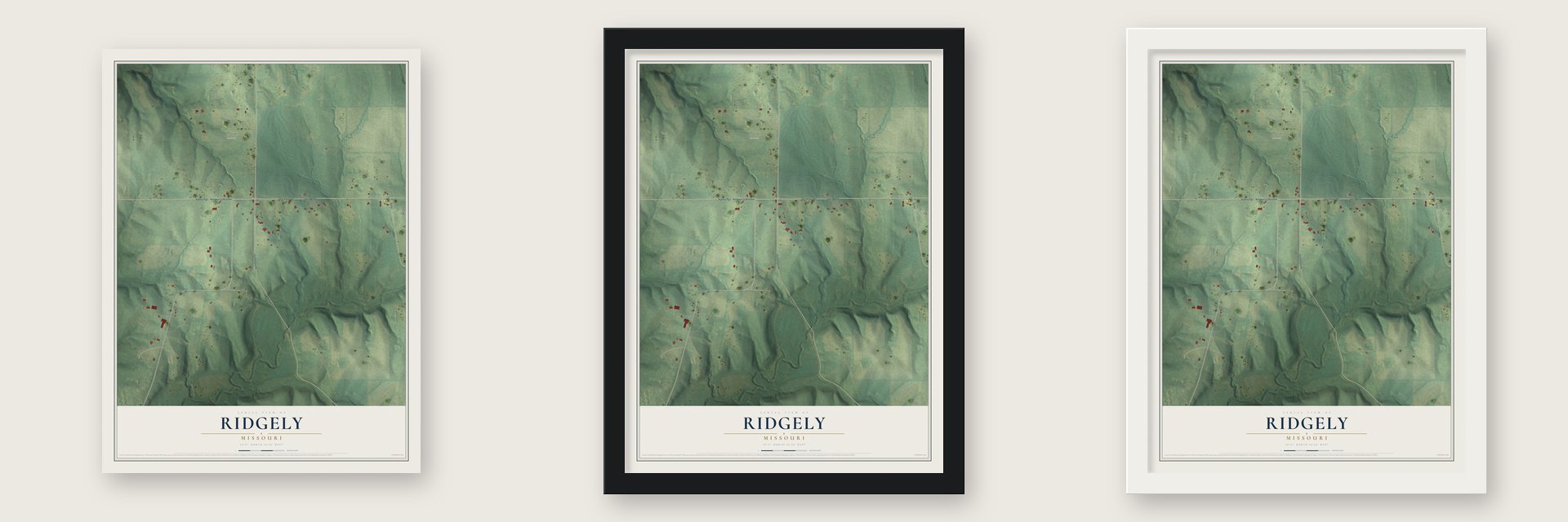 Ridgely, Missouri map unframed, in a black wood frame and in a white wood frame
