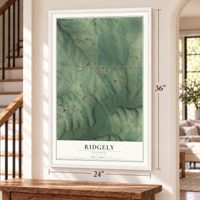 Ridgely, Missouri map, 24 x 36 inch print in a white frame by a staircase