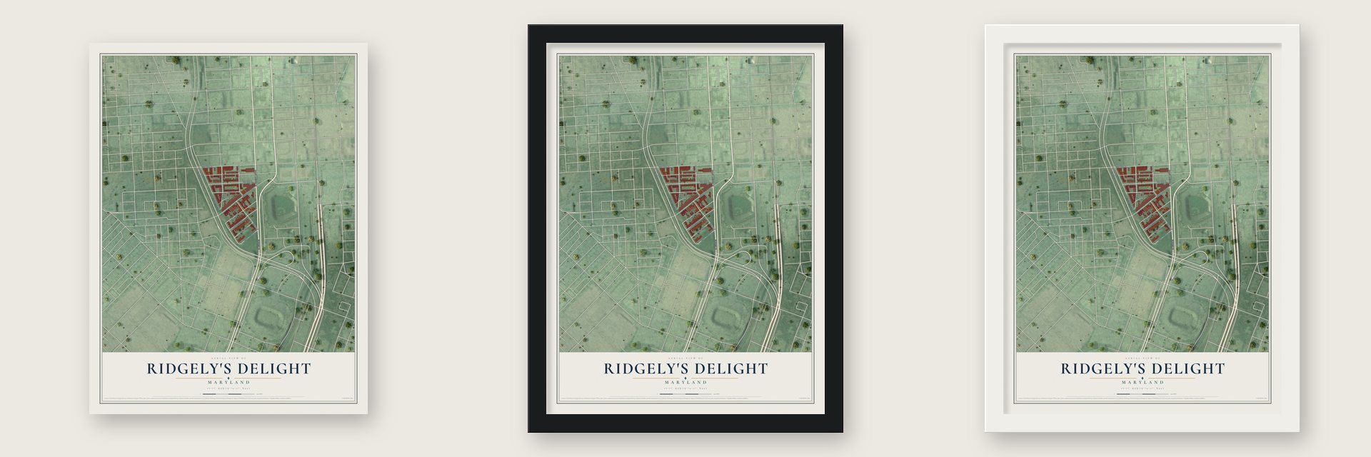 Ridgely's Delight, Maryland map unframed, in a black wood frame and in a white wood frame