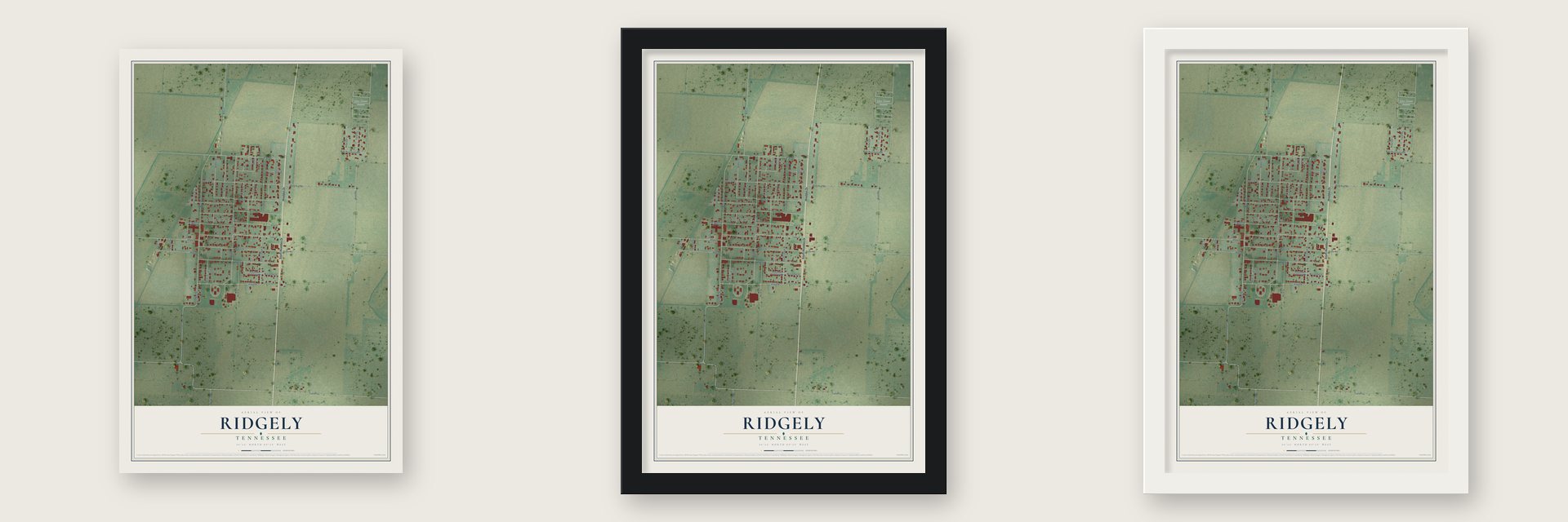 Ridgely, Tennessee map unframed, in a black wood frame and in a white wood frame