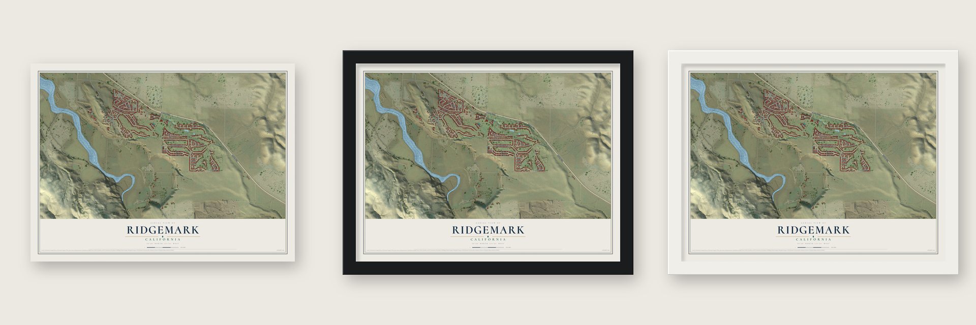 Ridgemark, California map unframed, in a black wood frame and in a white wood frame