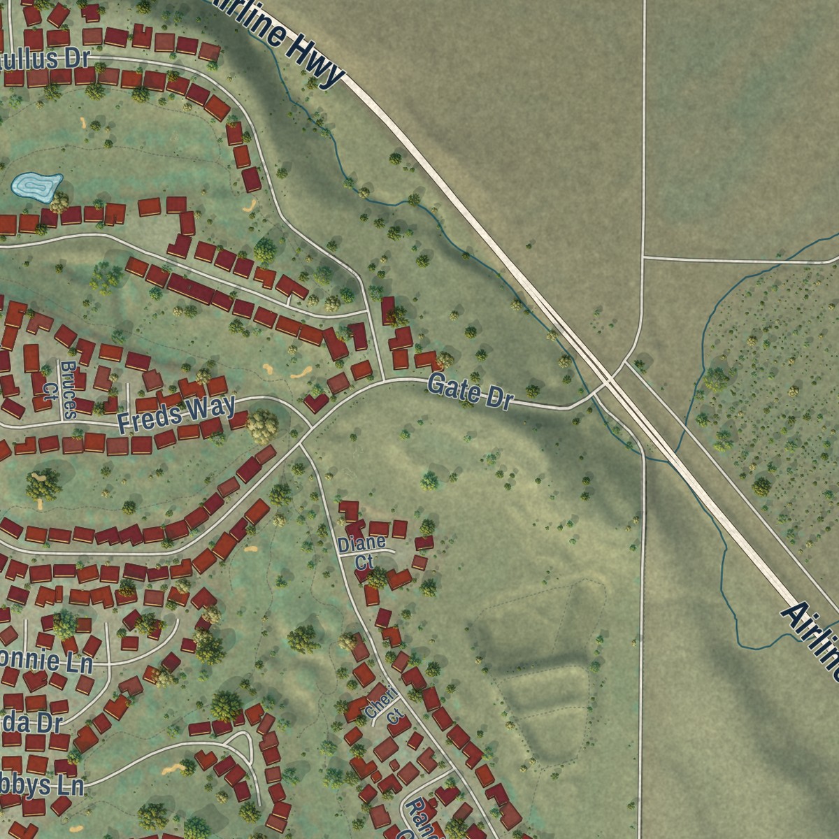 Second close-up of the map of Ridgemark, California print showing more streets and buildings