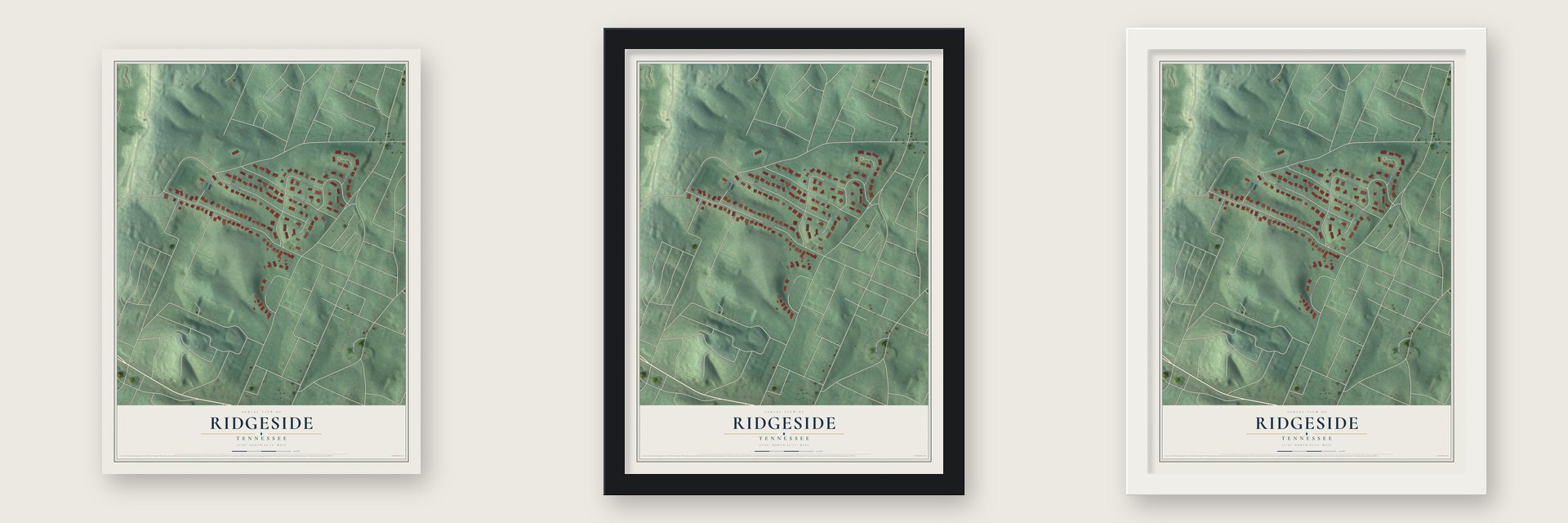 Ridgeside, Tennessee map unframed, in a black wood frame and in a white wood frame