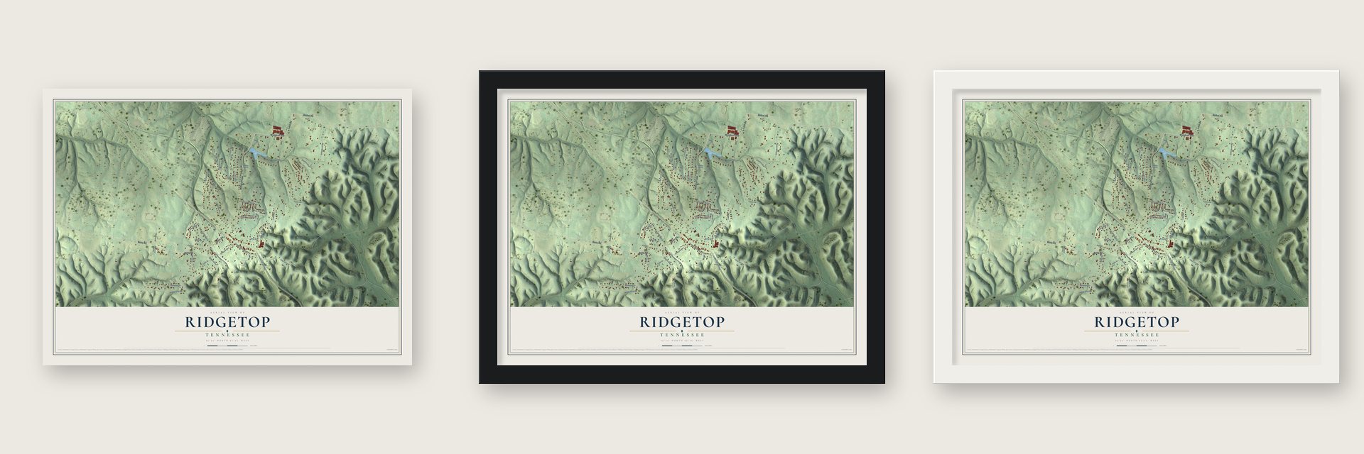 Ridgetop, Tennessee map unframed, in a black wood frame and in a white wood frame