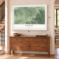 Ridgetop, Tennessee map, 24 x 36 inch print in a white frame above a dresser by a staircase