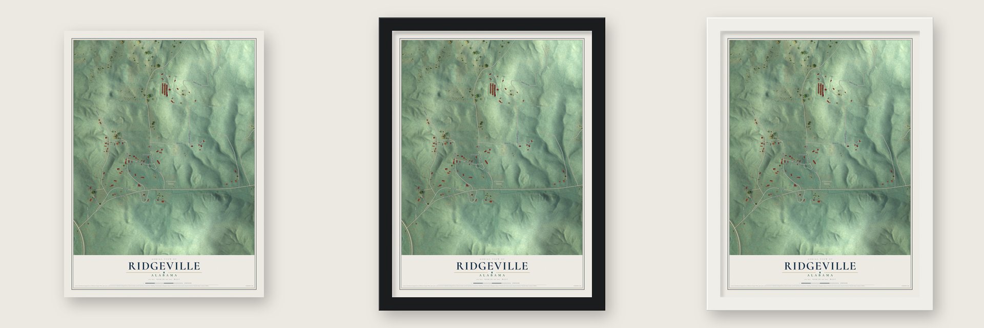 Ridgeville, Alabama map unframed, in a black wood frame and in a white wood frame