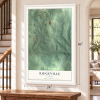 Ridgeville, Alabama map, 24 x 36 inch print in a white frame by a staircase