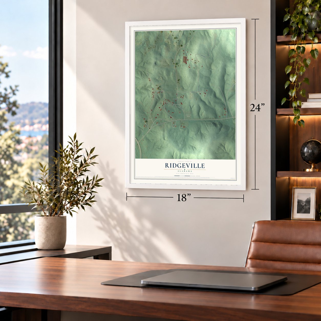 Ridgeville, Alabama map, 18 x 24 inch print in a white frame in a home office