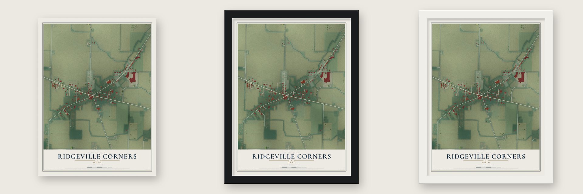 Ridgeville Corners, Ohio map unframed, in a black wood frame and in a white wood frame