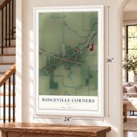 Ridgeville Corners, Ohio map, 24 x 36 inch print in a white frame by a staircase