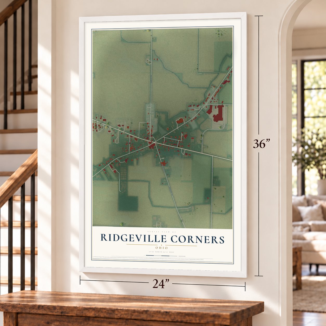 Ridgeville Corners, Ohio map, 24 x 36 inch print in a white frame by a staircase