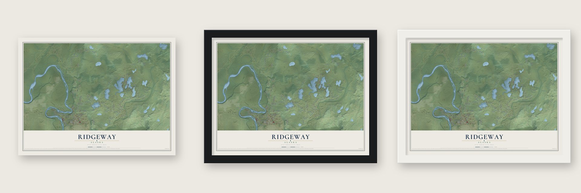 Ridgeway, Alaska map unframed, in a black wood frame and in a white wood frame