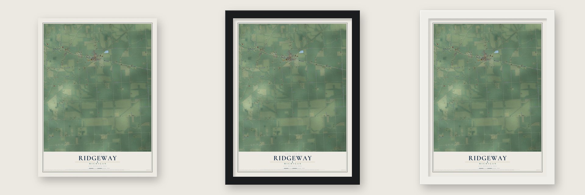 Ridgeway, Michigan map unframed, in a black wood frame and in a white wood frame