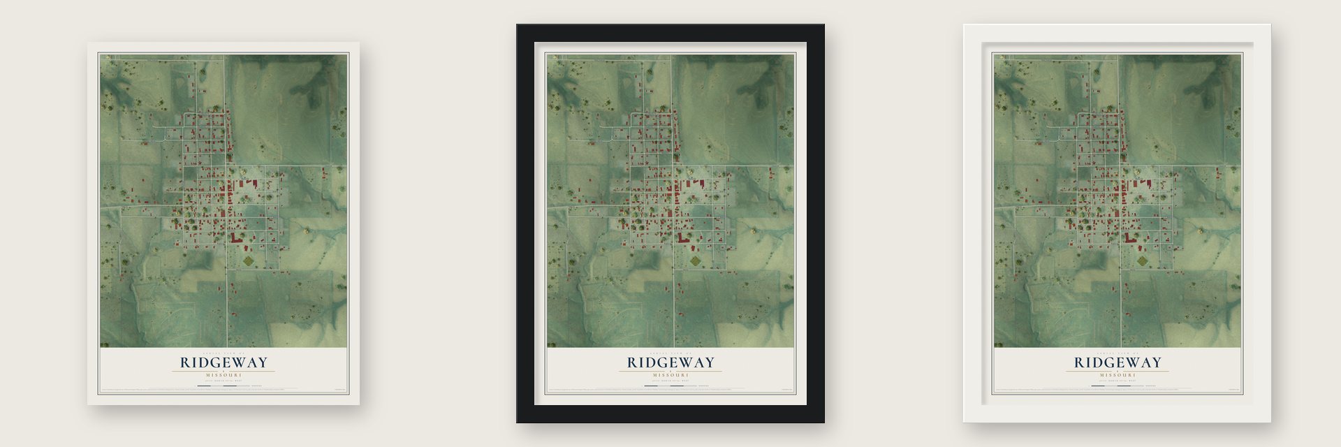 Ridgeway, Missouri map unframed, in a black wood frame and in a white wood frame