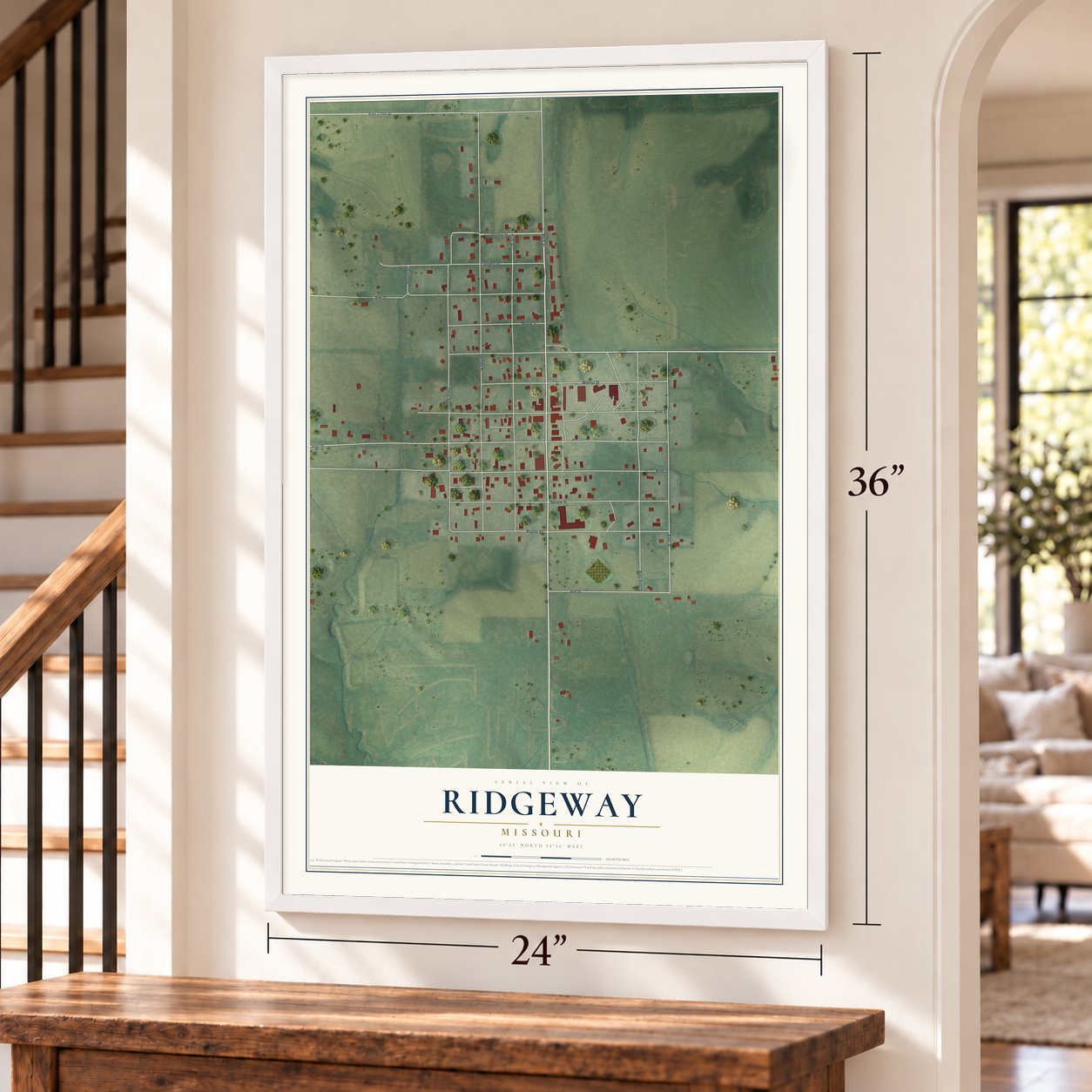 Ridgeway, Missouri map, 24 x 36 inch print in a white frame by a staircase