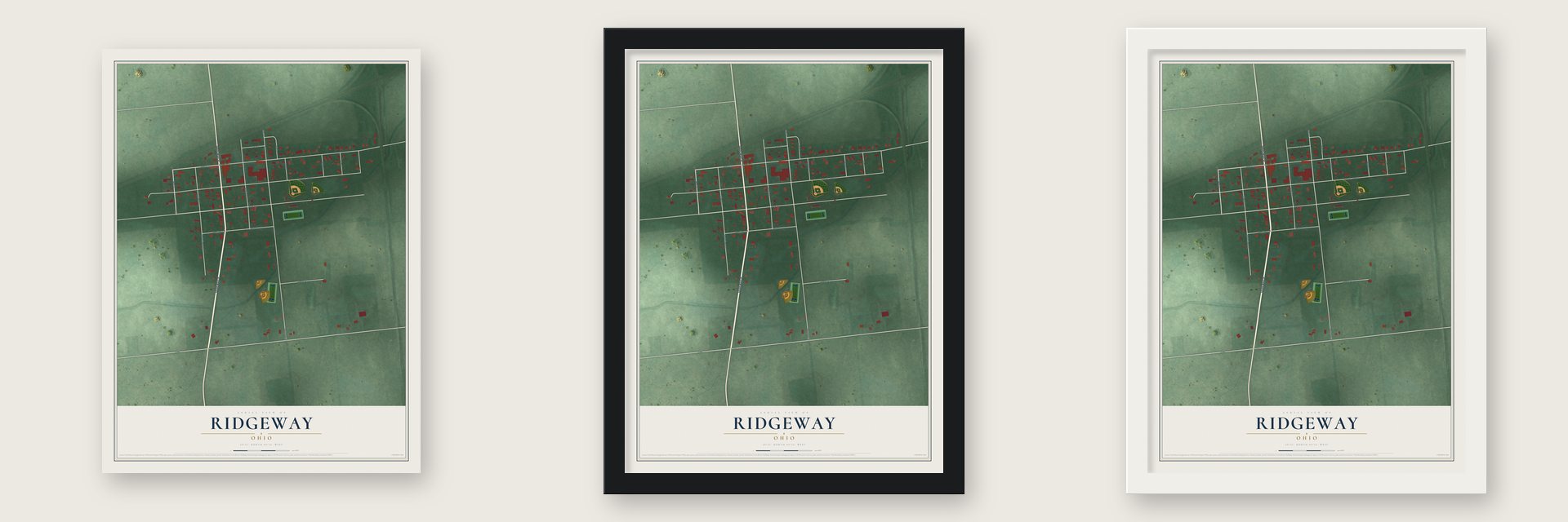 Ridgeway, Ohio map unframed, in a black wood frame and in a white wood frame