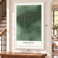 Ridgeway, Ohio map, 24 x 36 inch print in a white frame by a staircase