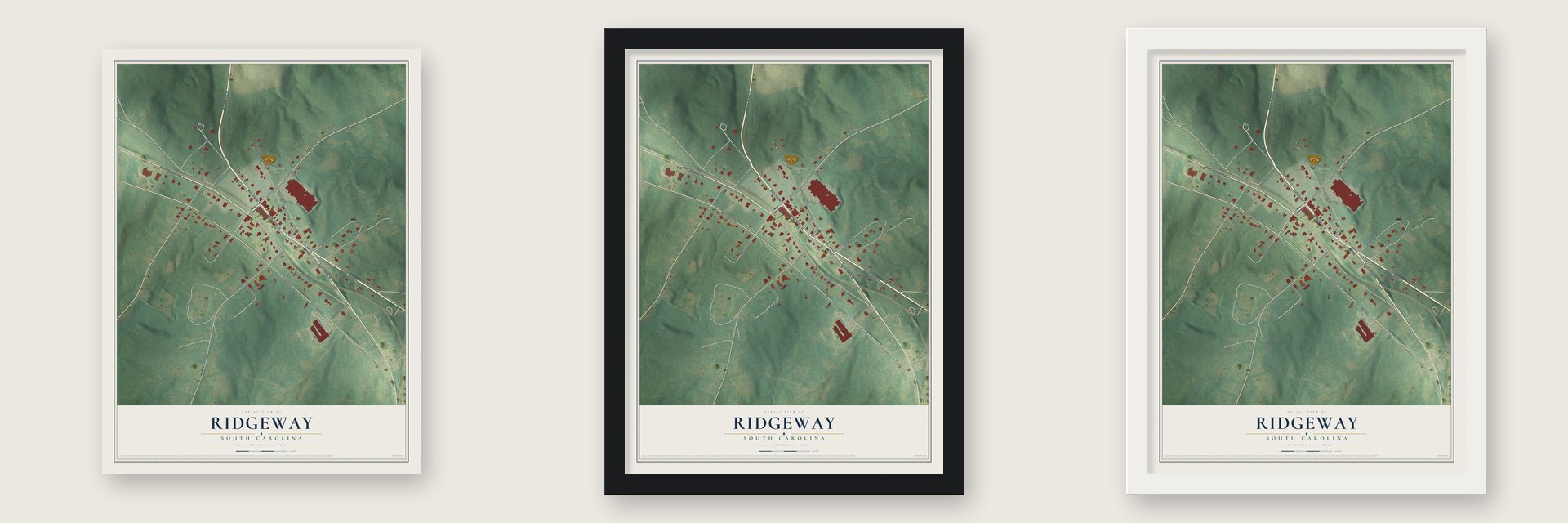 Ridgeway, South Carolina map unframed, in a black wood frame and in a white wood frame
