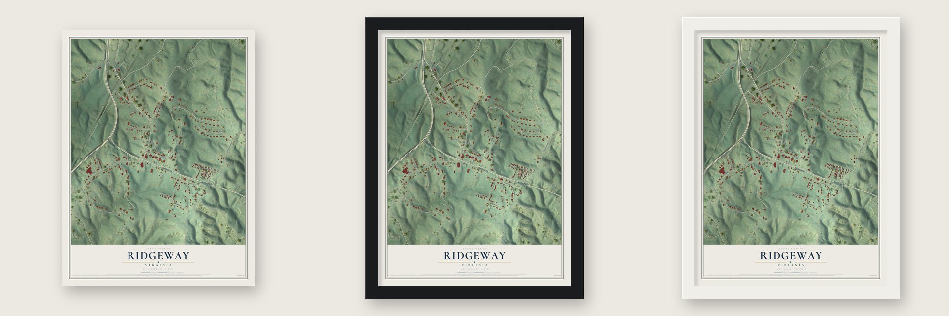 Ridgeway, Virginia map unframed, in a black wood frame and in a white wood frame