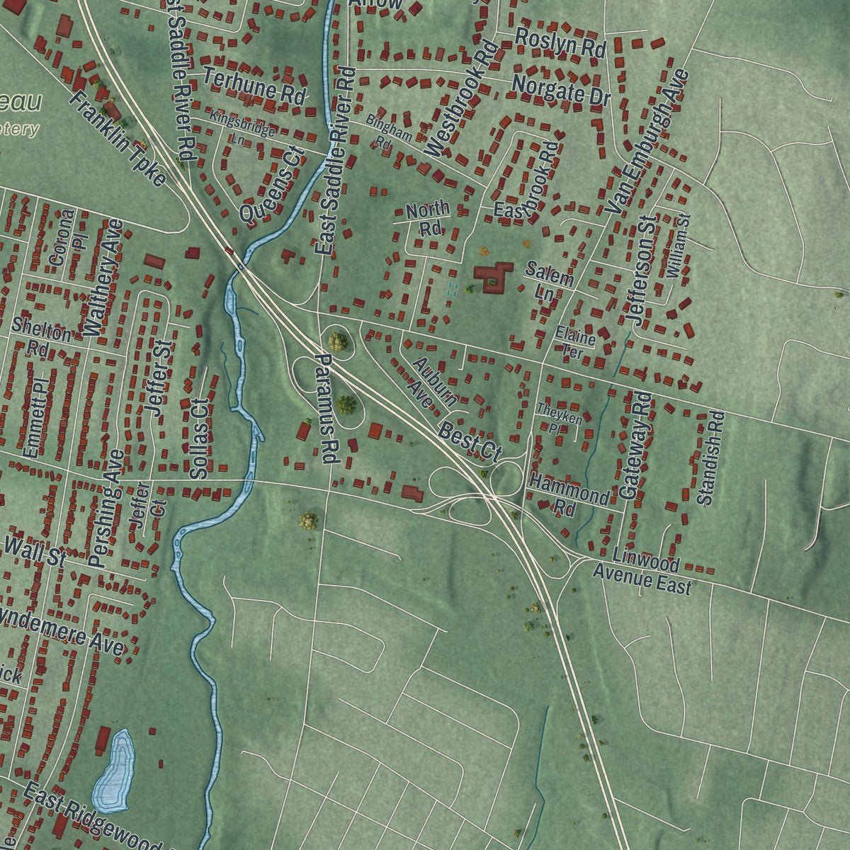 Second close-up of the map of Ridgewood, New Jersey print showing more streets and buildings
