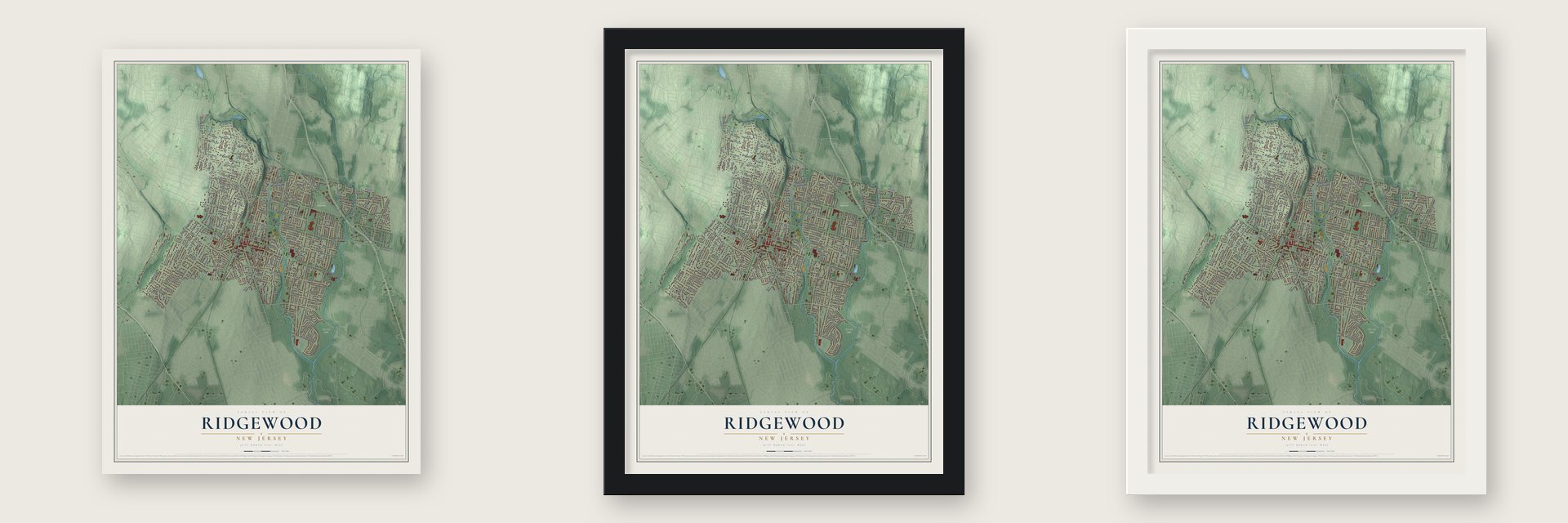 Ridgewood, New Jersey map unframed, in a black wood frame and in a white wood frame