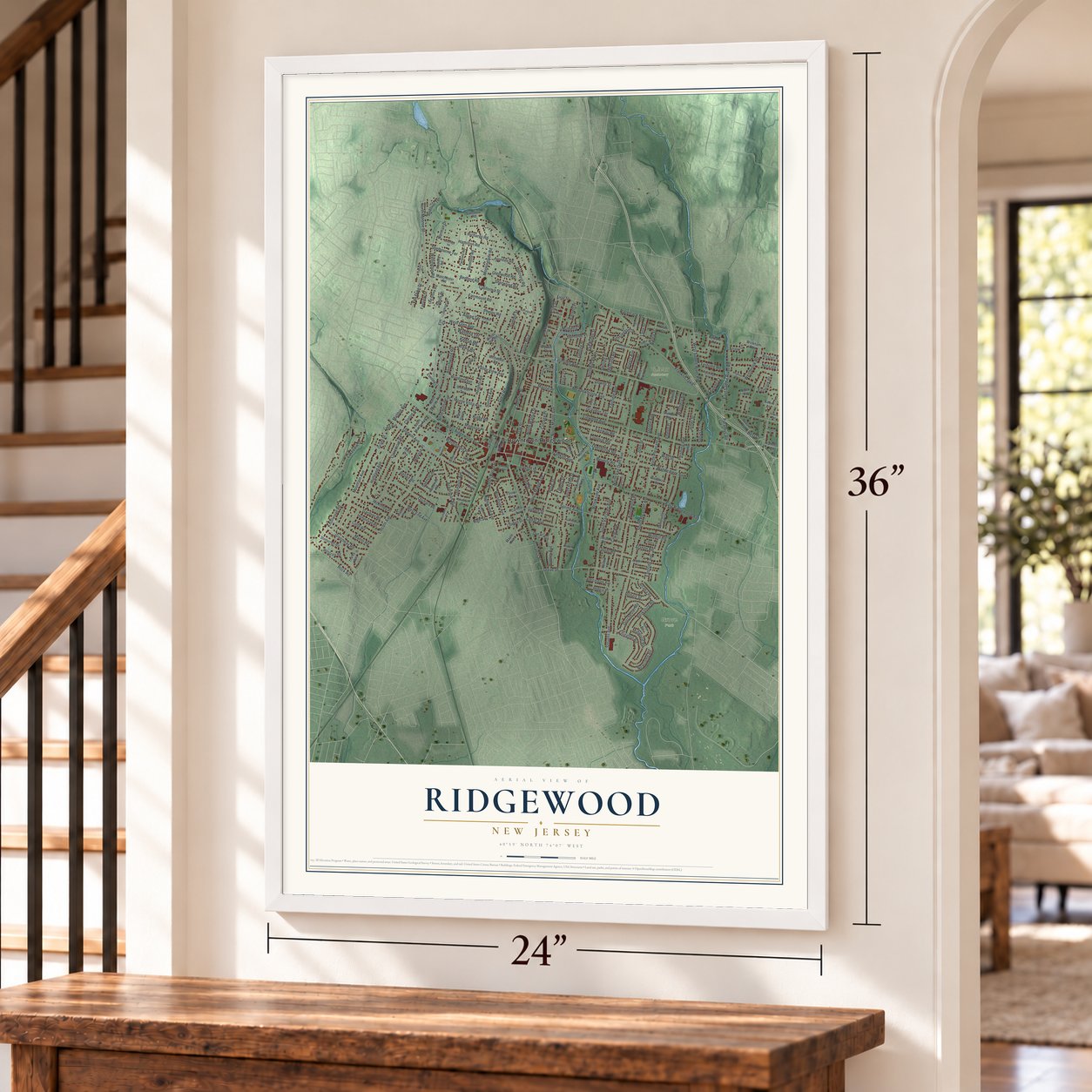 Ridgewood, New Jersey map, 24 x 36 inch print in a white frame by a staircase