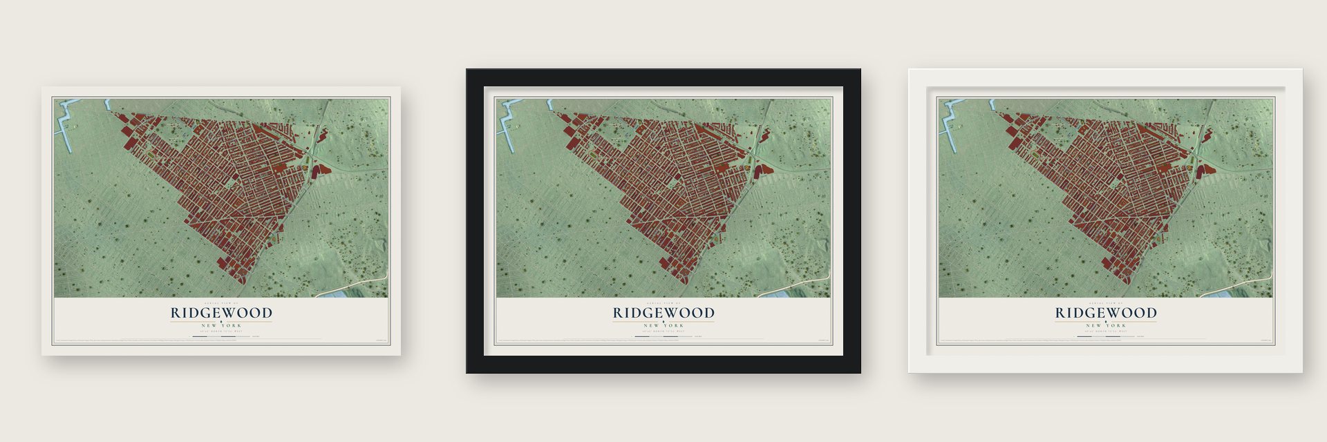 Ridgewood, New York map unframed, in a black wood frame and in a white wood frame