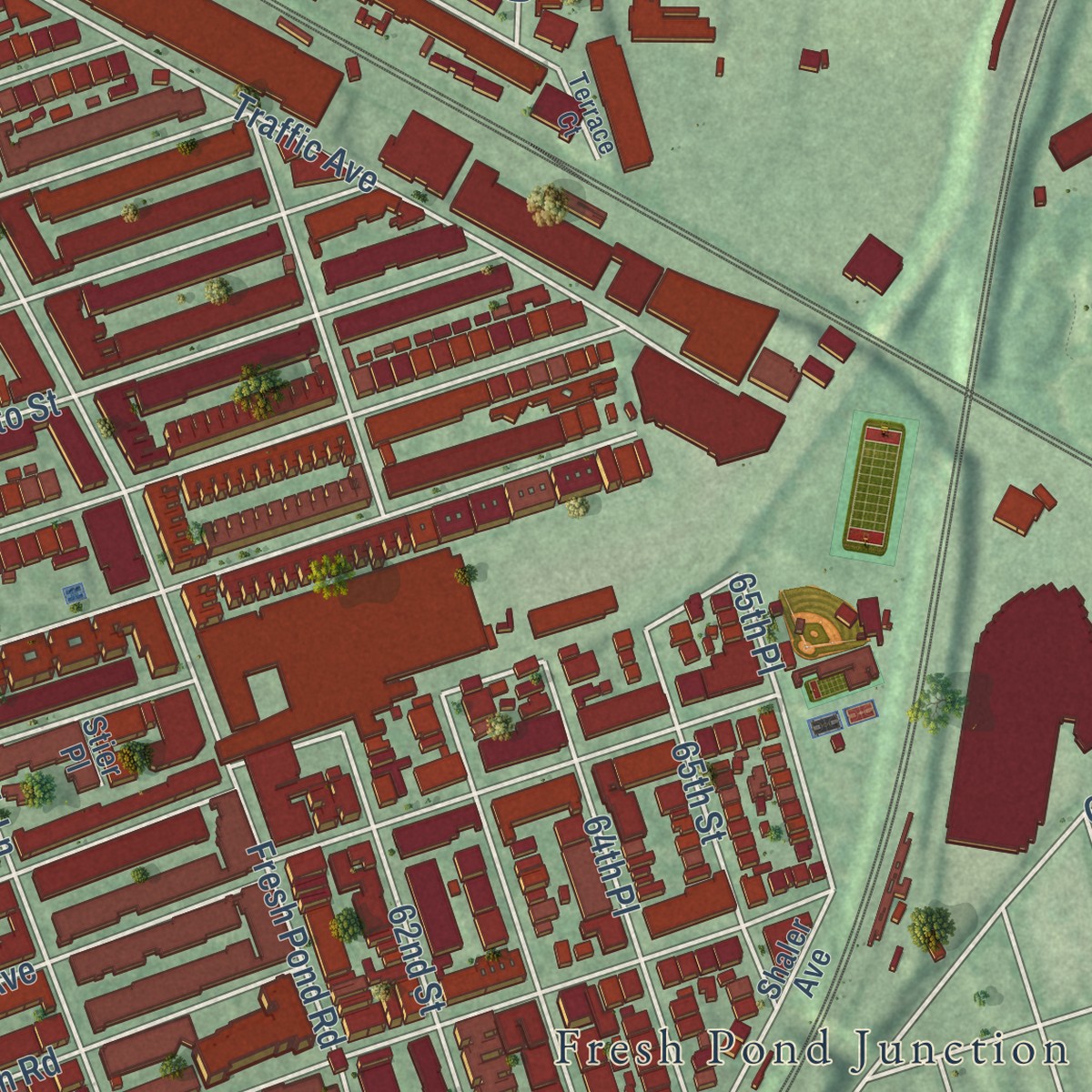 Second close-up of the map of Ridgewood, New York print showing more streets and buildings