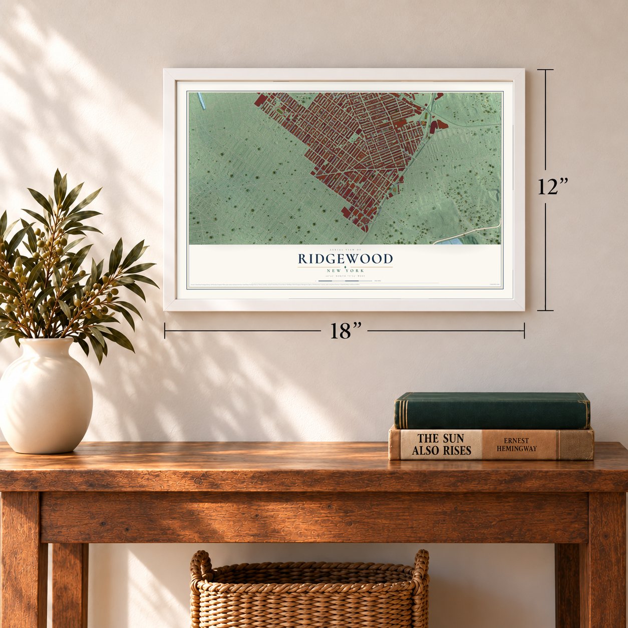 Ridgewood, New York map, 12 x 18 inch print in a white frame in an entryway