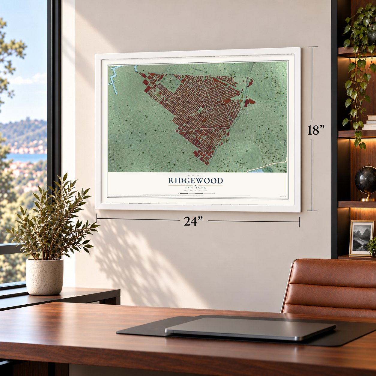 Ridgewood, New York map, 18 x 24 inch print in a white frame in a home office