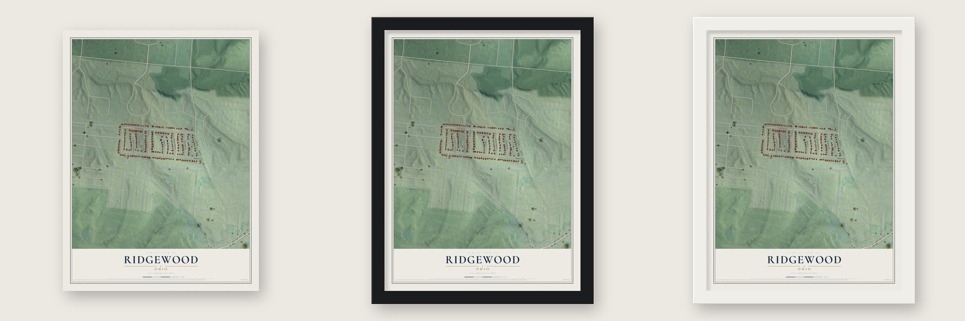 Ridgewood, Ohio map unframed, in a black wood frame and in a white wood frame