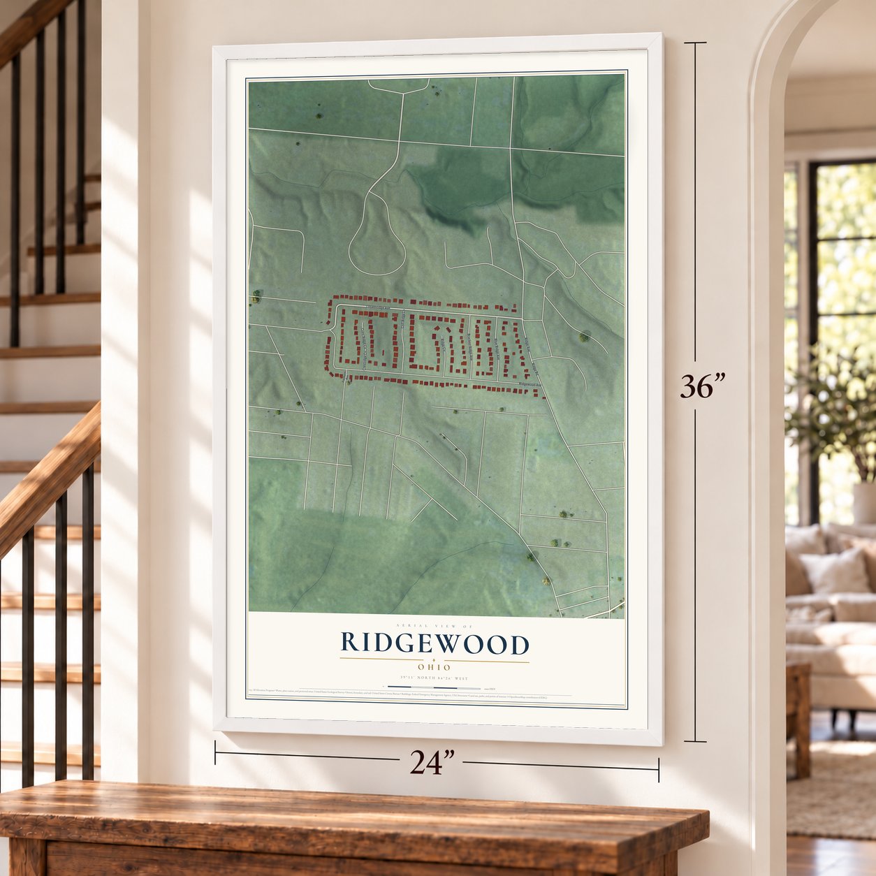 Ridgewood, Ohio map, 24 x 36 inch print in a white frame by a staircase