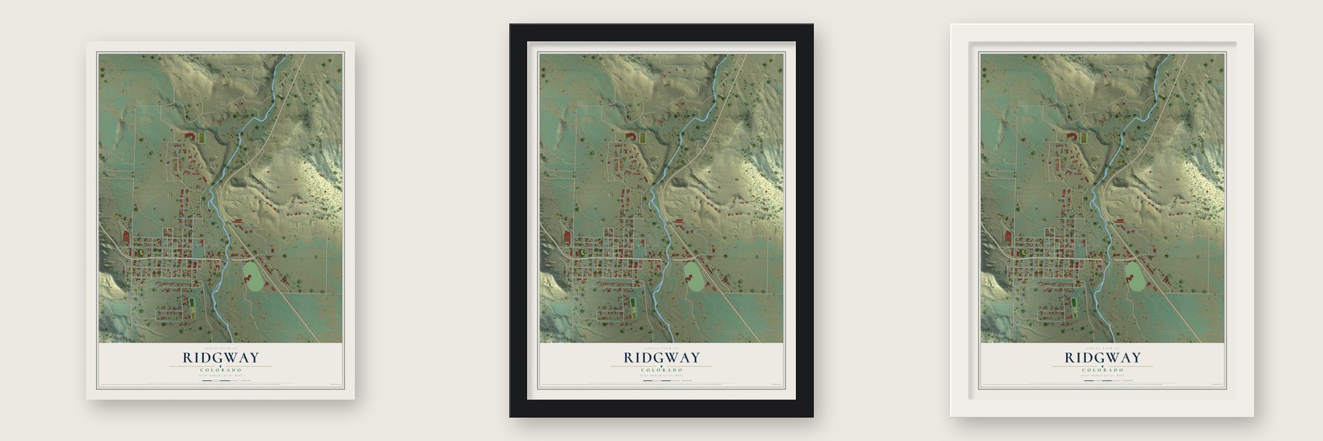 Ridgway, Colorado map unframed, in a black wood frame and in a white wood frame