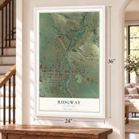 Ridgway, Colorado map, 24 x 36 inch print in a white frame by a staircase