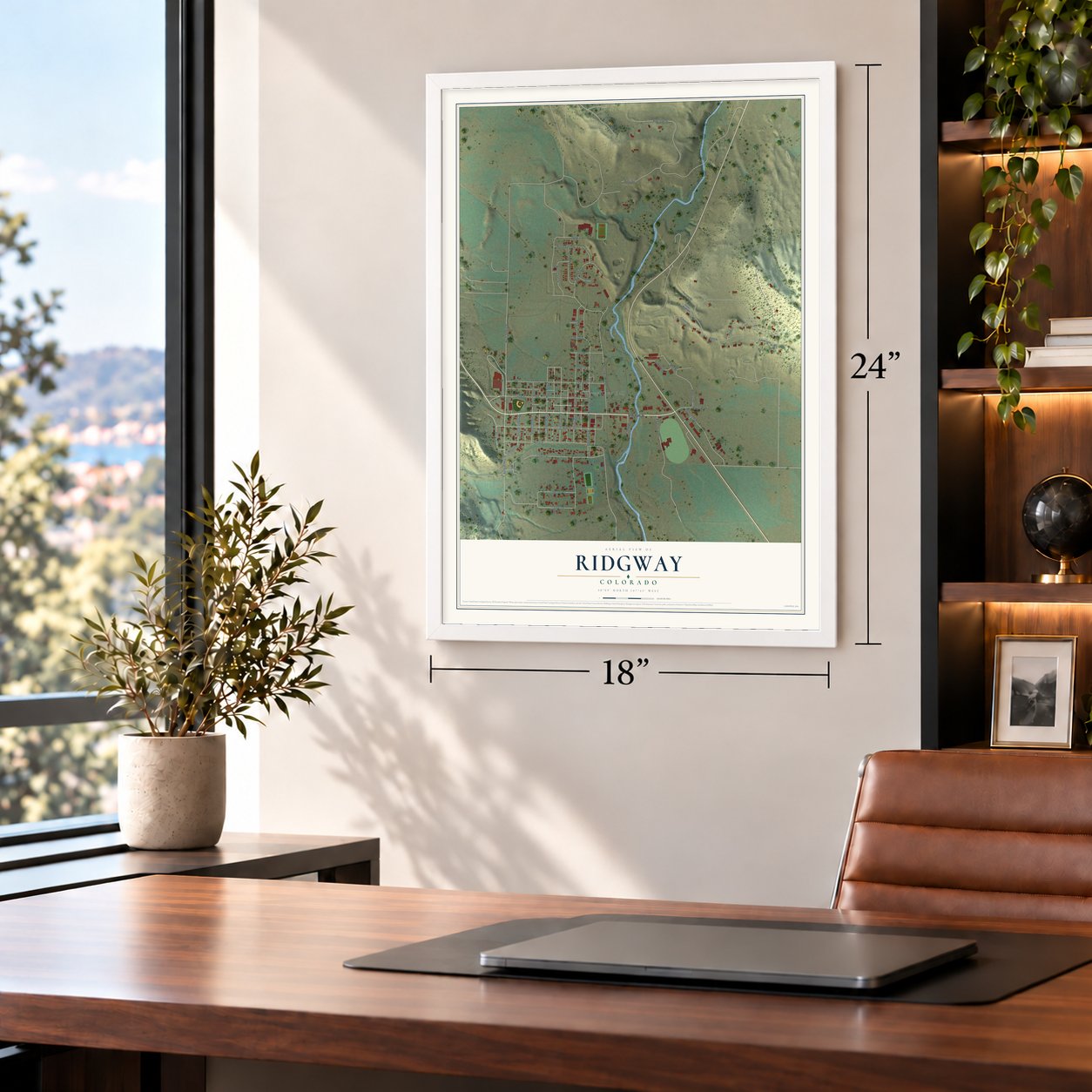 Ridgway, Colorado map, 18 x 24 inch print in a white frame in a home office
