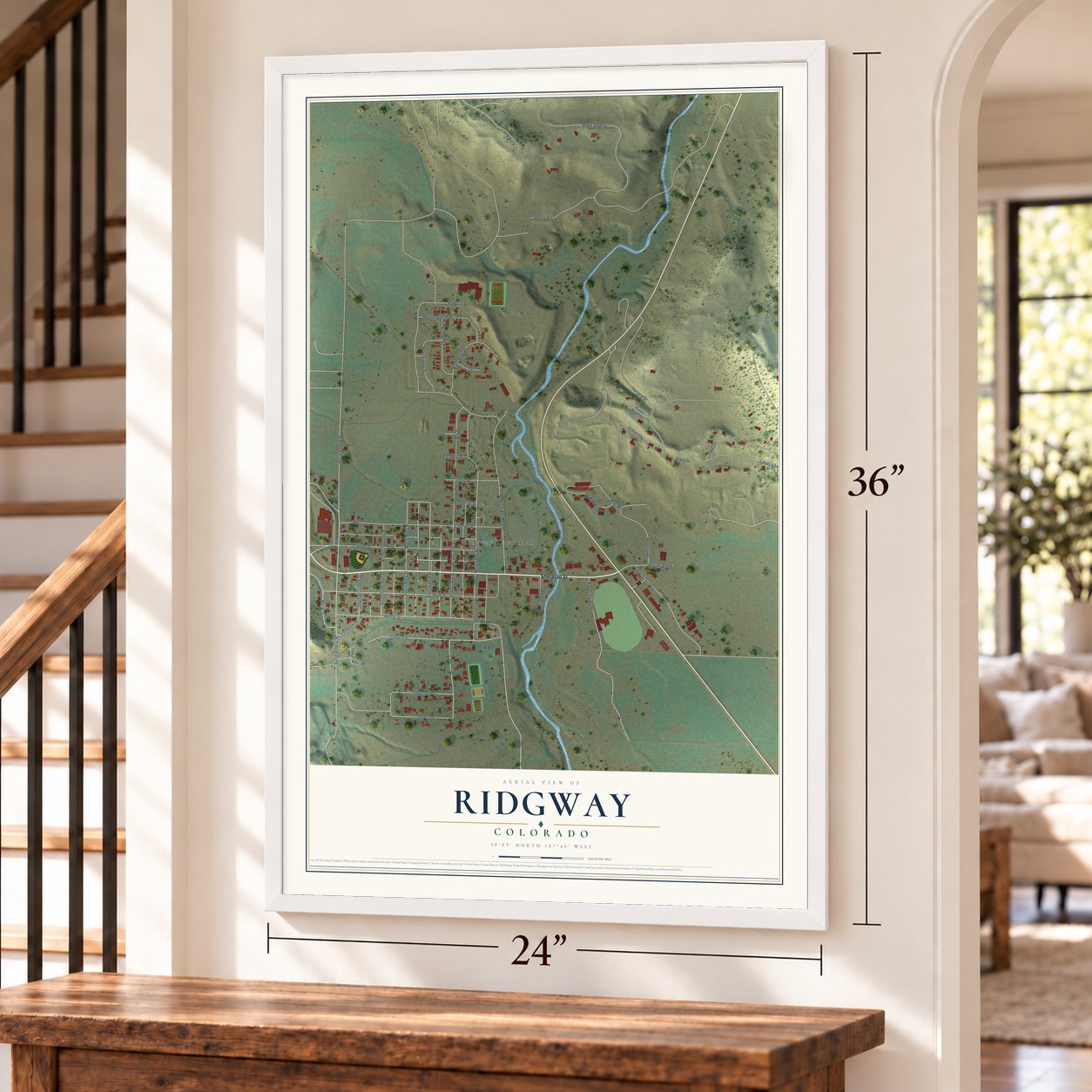 Ridgway, Colorado map, 24 x 36 inch print in a white frame by a staircase