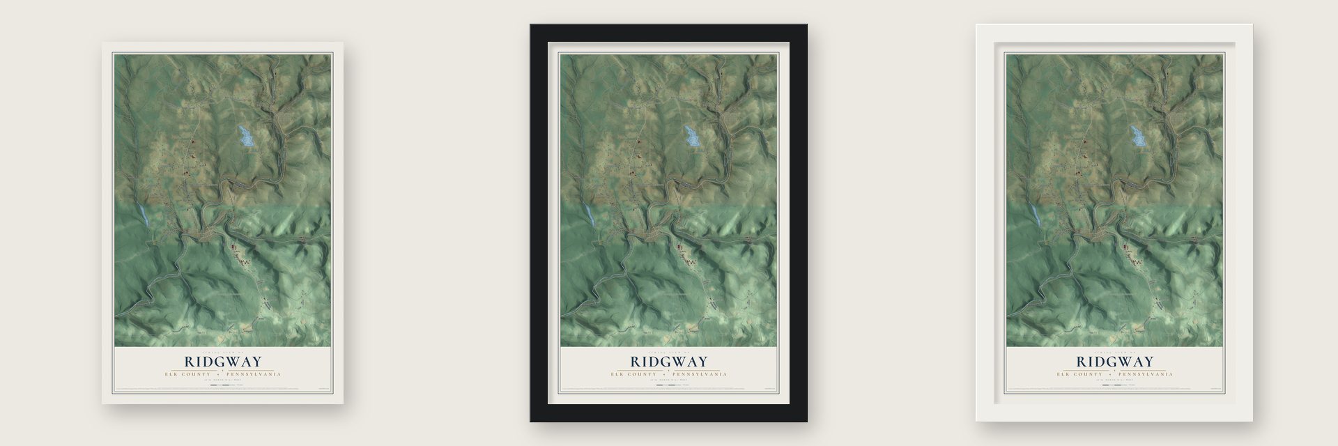 Ridgway, Elk County, Pennsylvania map unframed, in a black wood frame and in a white wood frame