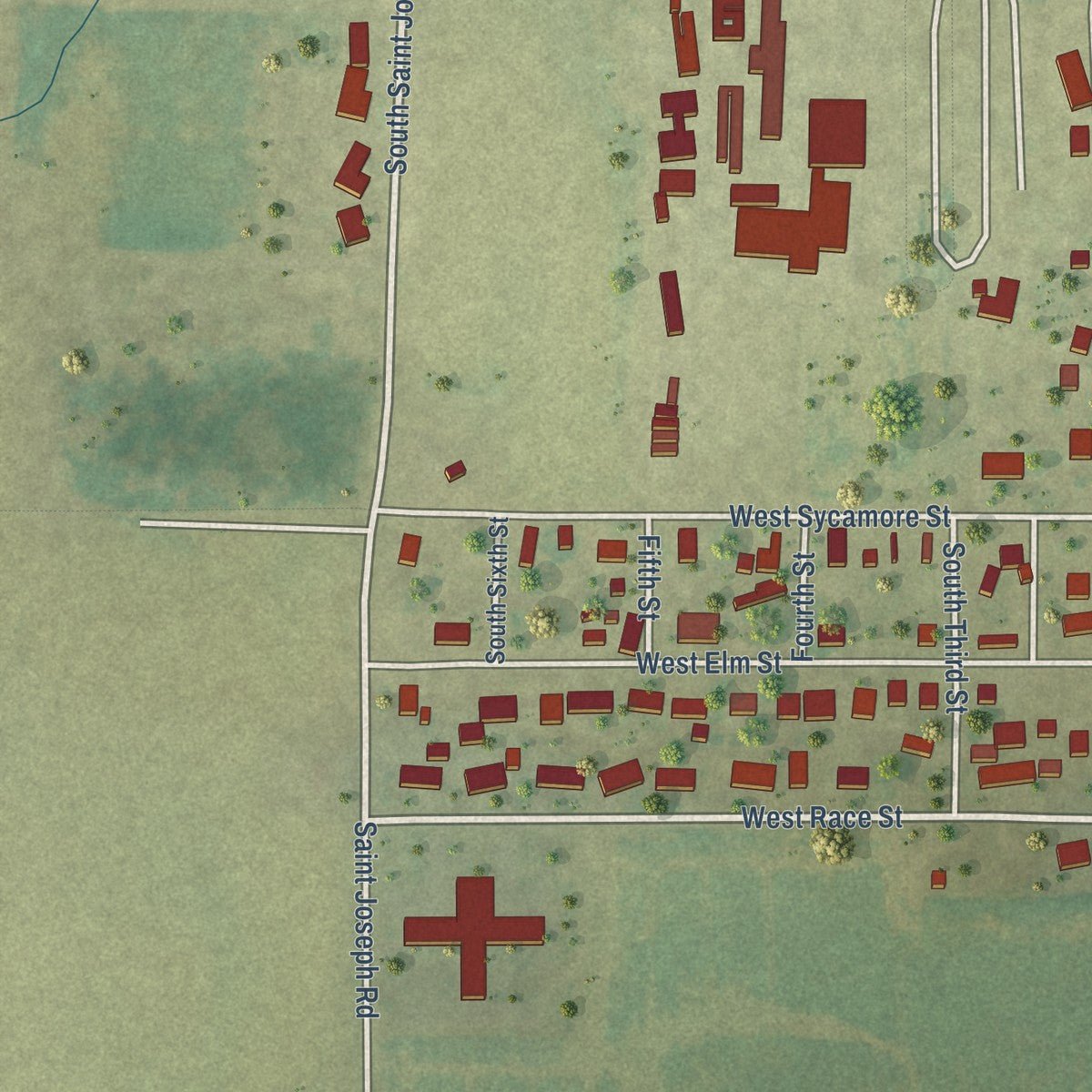 Second close-up of the map of Ridgway, Illinois print showing more streets and buildings