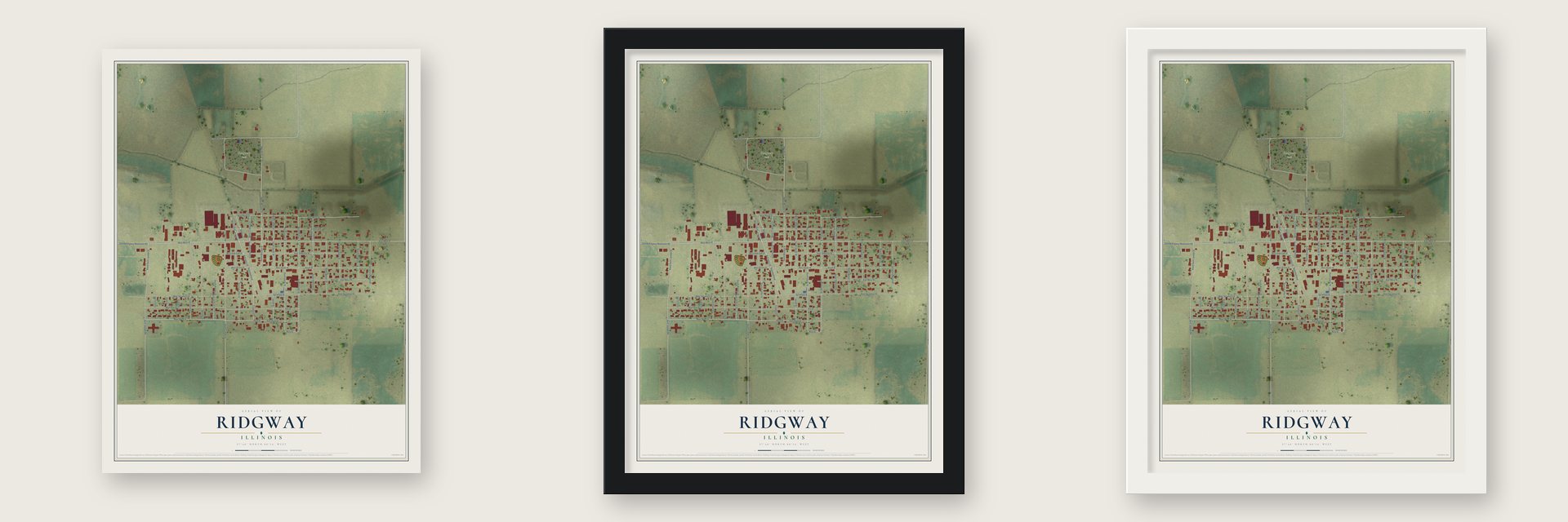 Ridgway, Illinois map unframed, in a black wood frame and in a white wood frame