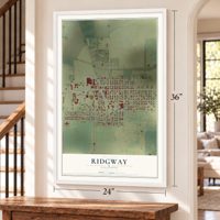 Ridgway, Illinois map, 24 x 36 inch print in a white frame by a staircase