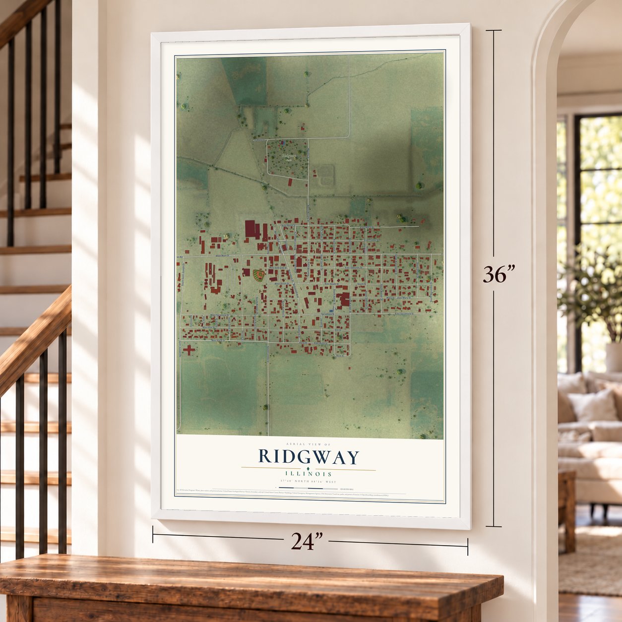 Ridgway, Illinois map, 24 x 36 inch print in a white frame by a staircase