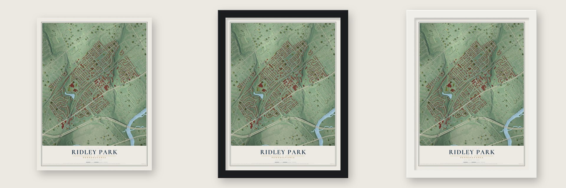 Ridley Park, Pennsylvania map unframed, in a black wood frame and in a white wood frame