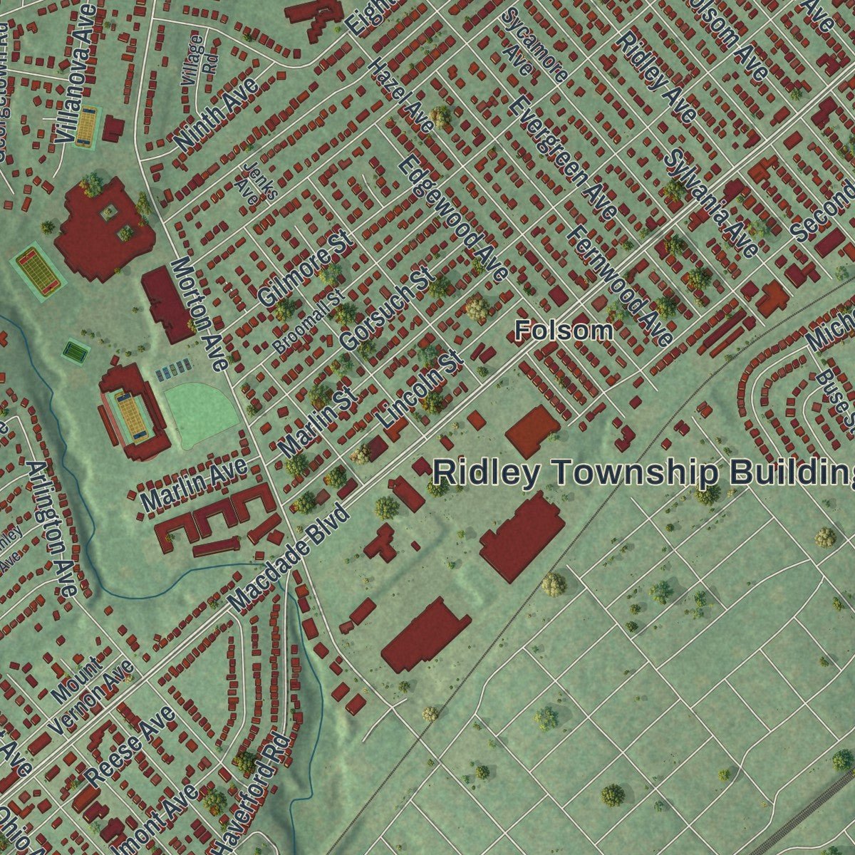 Second close-up of the map of Ridley, Pennsylvania print showing more streets and buildings