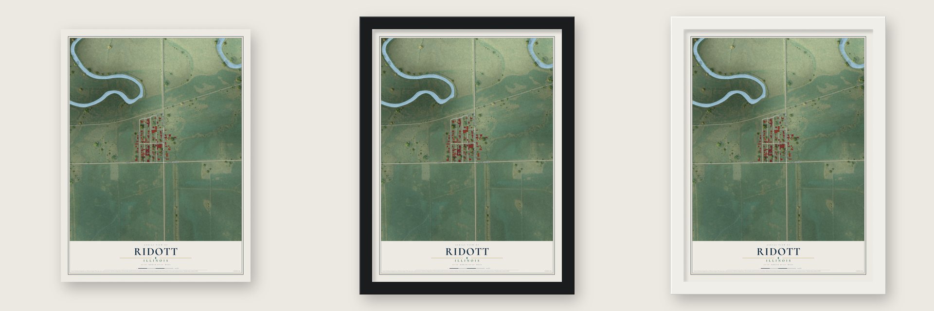 Ridott, Illinois map unframed, in a black wood frame and in a white wood frame