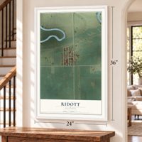 Ridott, Illinois map, 24 x 36 inch print in a white frame by a staircase