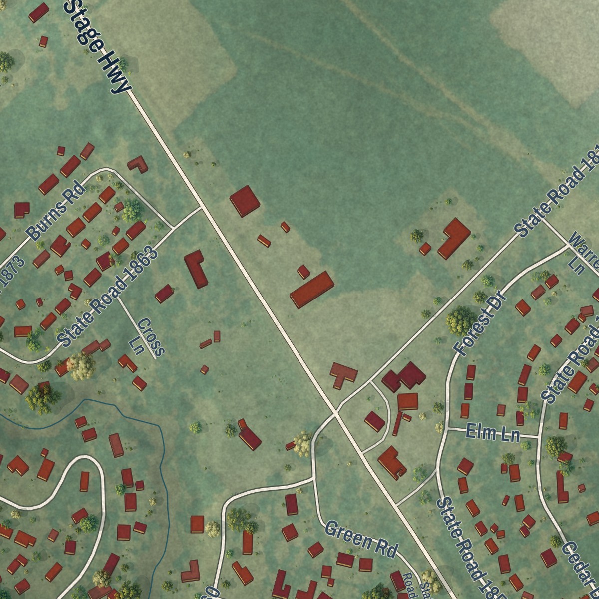 Second close-up of the map of Riegelwood, North Carolina print showing more streets and buildings
