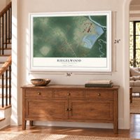 Riegelwood, North Carolina map, 24 x 36 inch print in a white frame above a dresser by a staircase