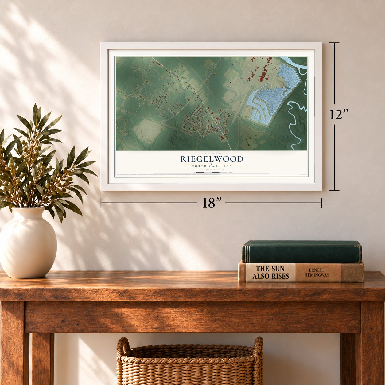 Riegelwood, North Carolina map, 12 x 18 inch print in a white frame in an entryway